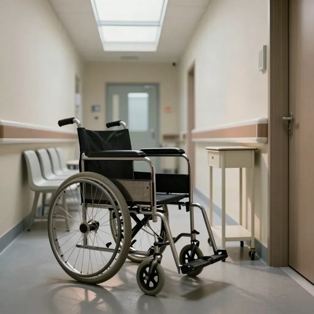 Alcova d’attesa ospedaliera con sedia a rotelle vuota e luce nel corridoio.