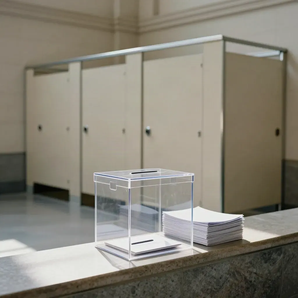 Urna trasparente, pannelli per la privacy e cartelle bianche in un municipio luminoso.