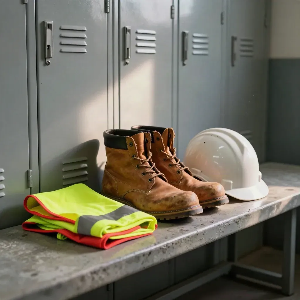 Stivali da lavoro, gilet hi-vis e casco su panca di cemento in spogliatoio vuoto