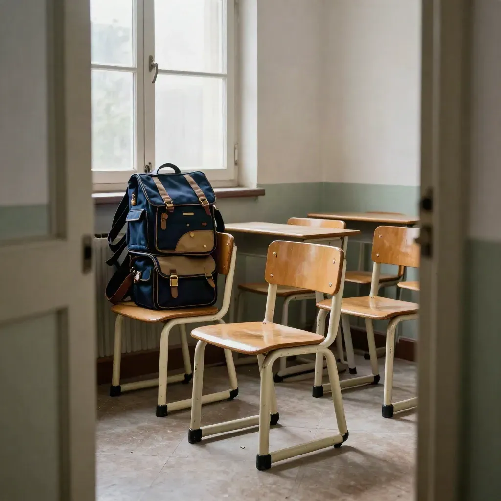 Aula vuota con sedie, finestre aperte e zaini scolastici in luce pomeridiana calma.