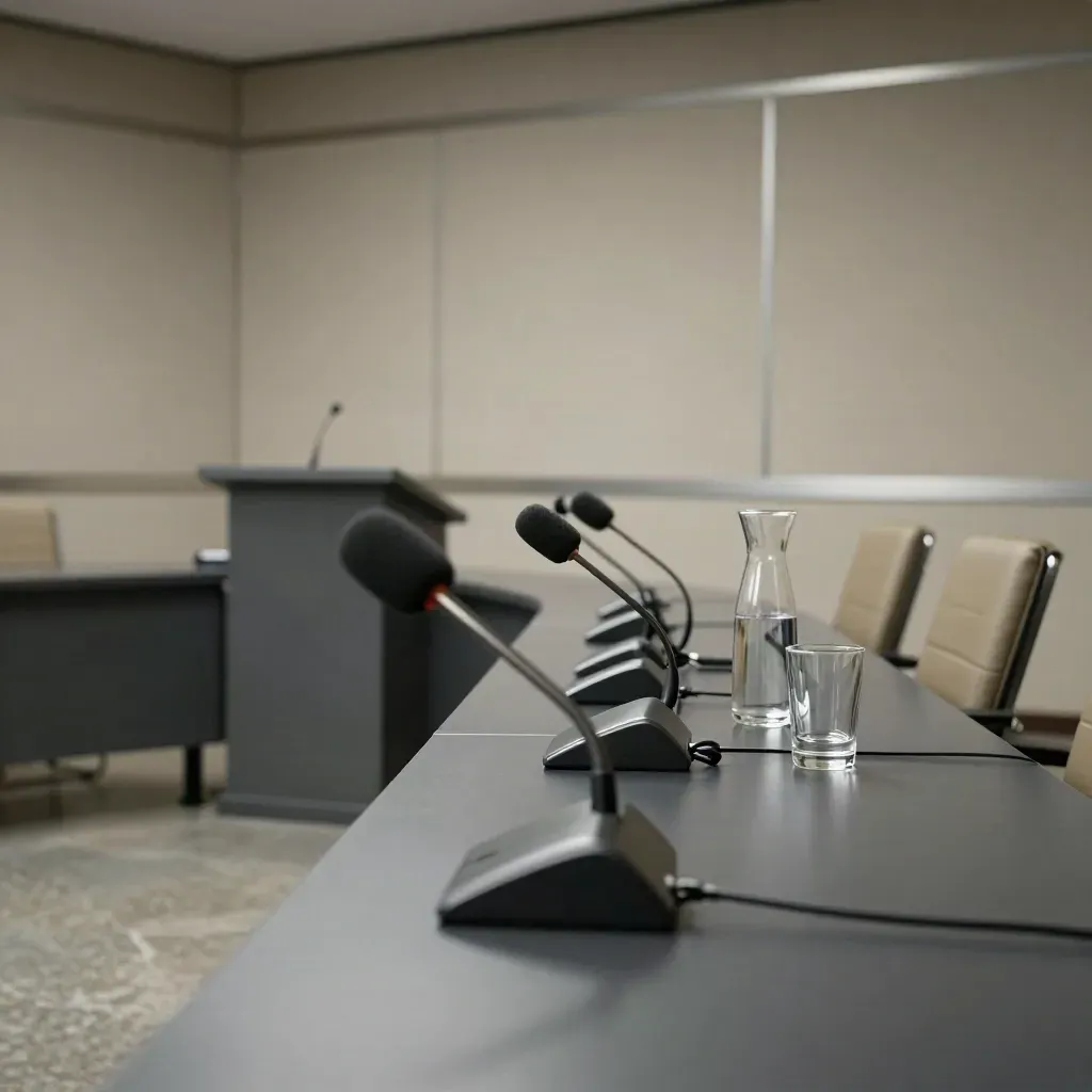 Microfoni su un tavolo stampa davanti a un leggio vuoto in una sala conferenze governativa.
