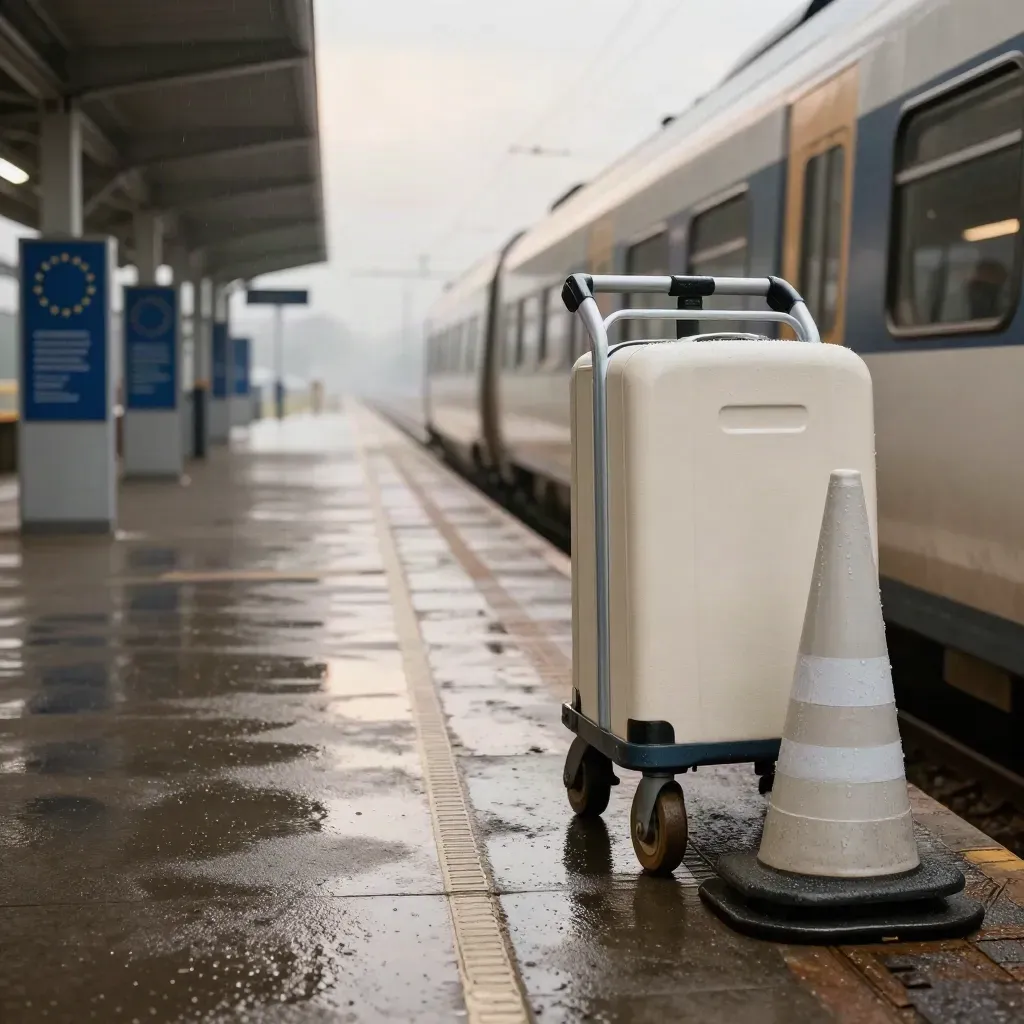 Piattaforma ferroviaria bagnata dalla pioggia con carrello bagagli, cono sicurezza e cartello blu sfocato.