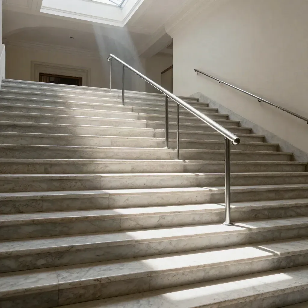 Scala civica in marmo sotto una volta, luce dal lucernario e polvere nell’aria.