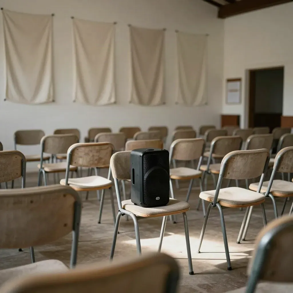 Sala civica di paese vuota con sedie pieghevoli e altoparlante, in attesa di voci
