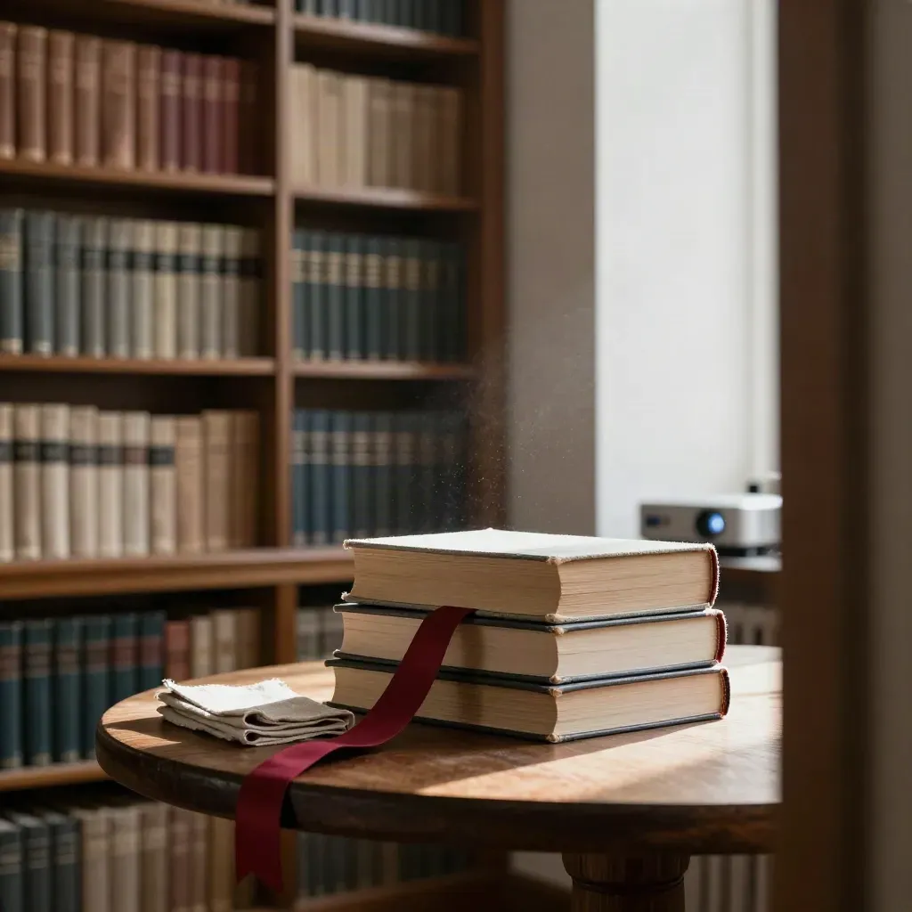 Sala lettura di biblioteca con libri chiusi, luce del proiettore e polvere nell’aria.