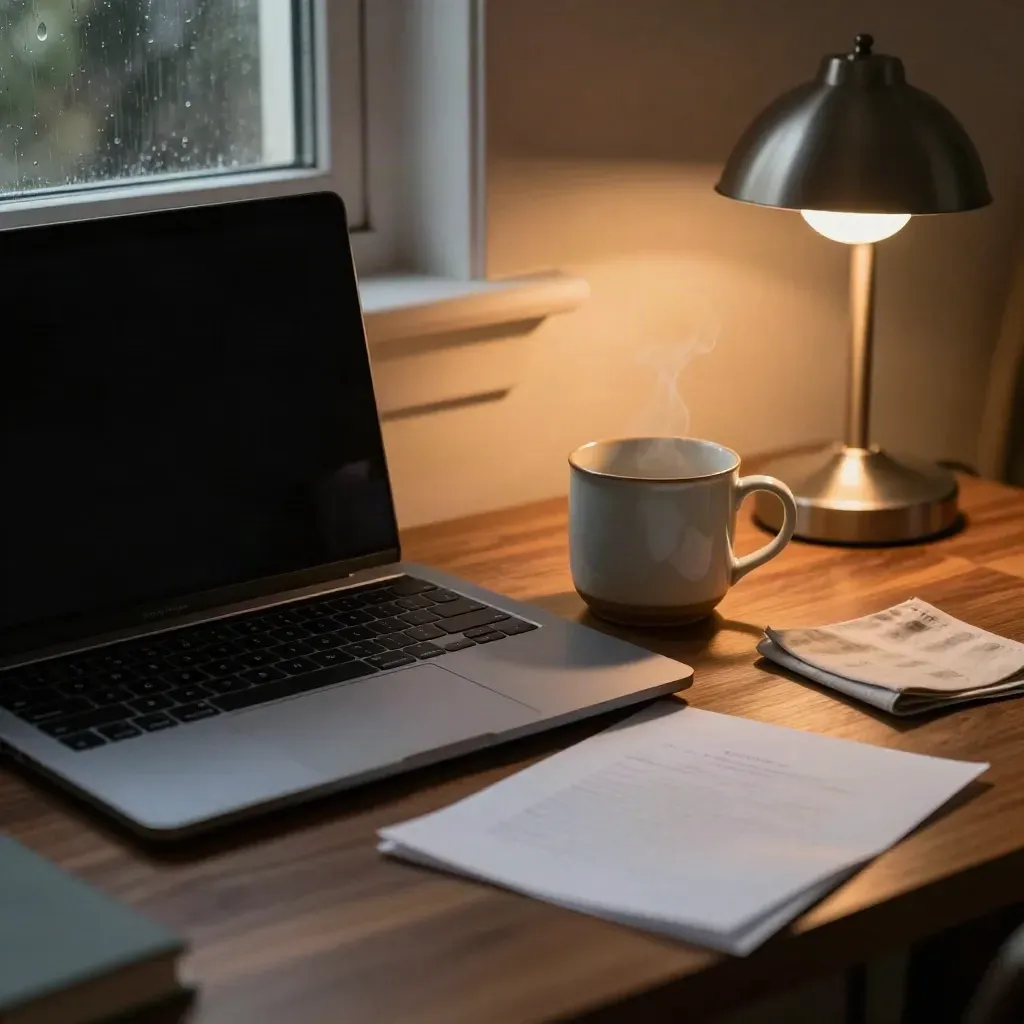 Scrivania serale con laptop chiuso, tazza in ceramica, foglio piegato e lampada accesa.