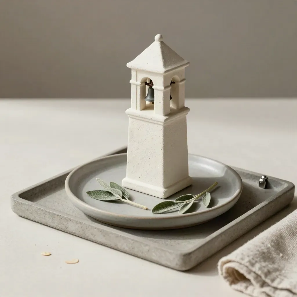 Torricino municipale in gesso con piattino e salvia su vassoio di pietra, luce morbida.