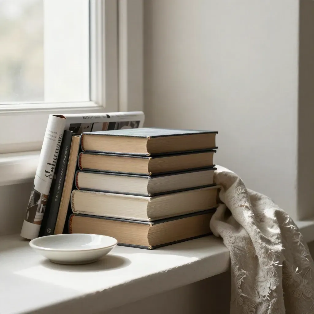 Libri, rivista arrotolata, piattino in ceramica e tessuto di lino su mensola chiara.